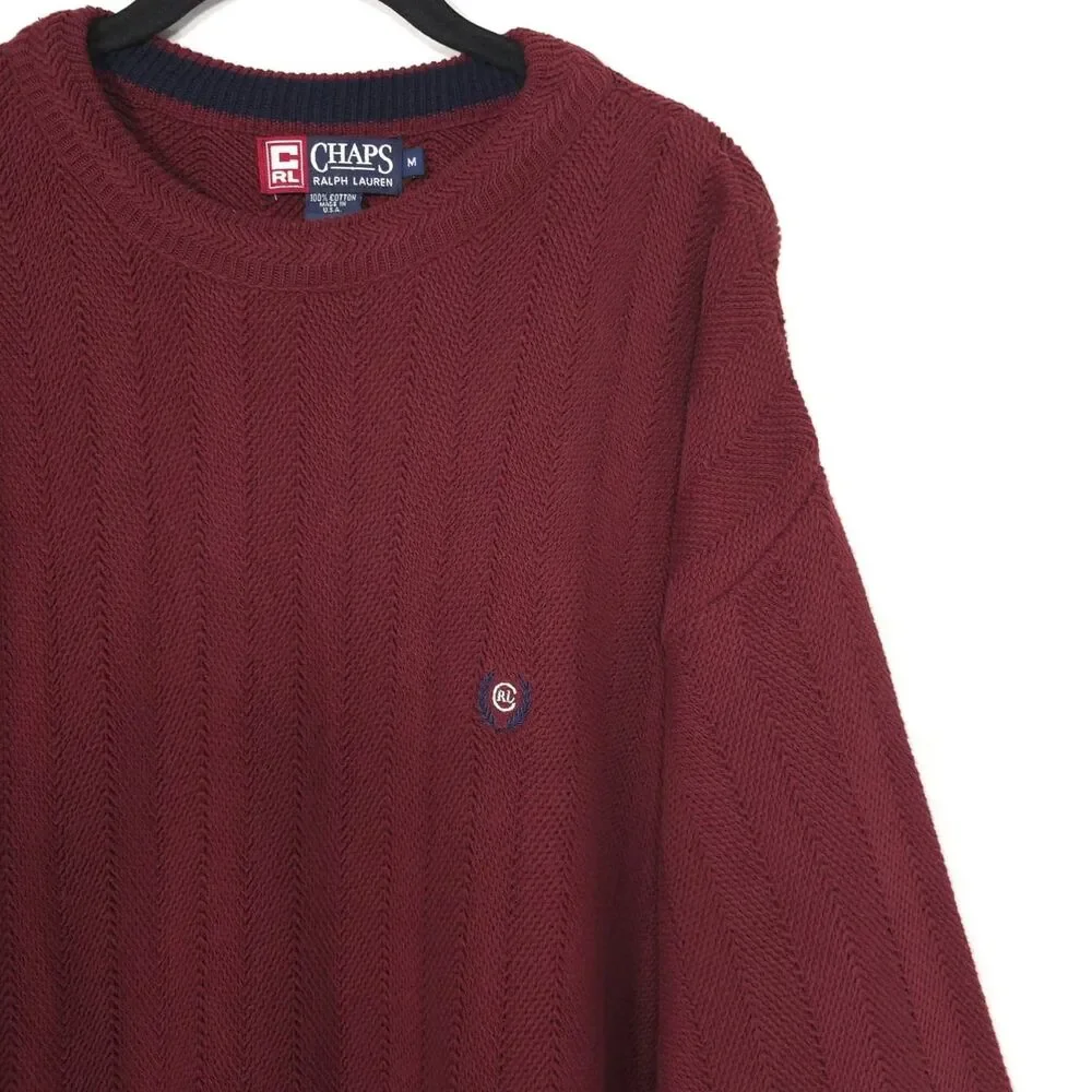 CHAPS RALPH LAUREN Mens VINTAGE Sweater MEDIUM Burgundy‎ Crewneck Logo USA MADE